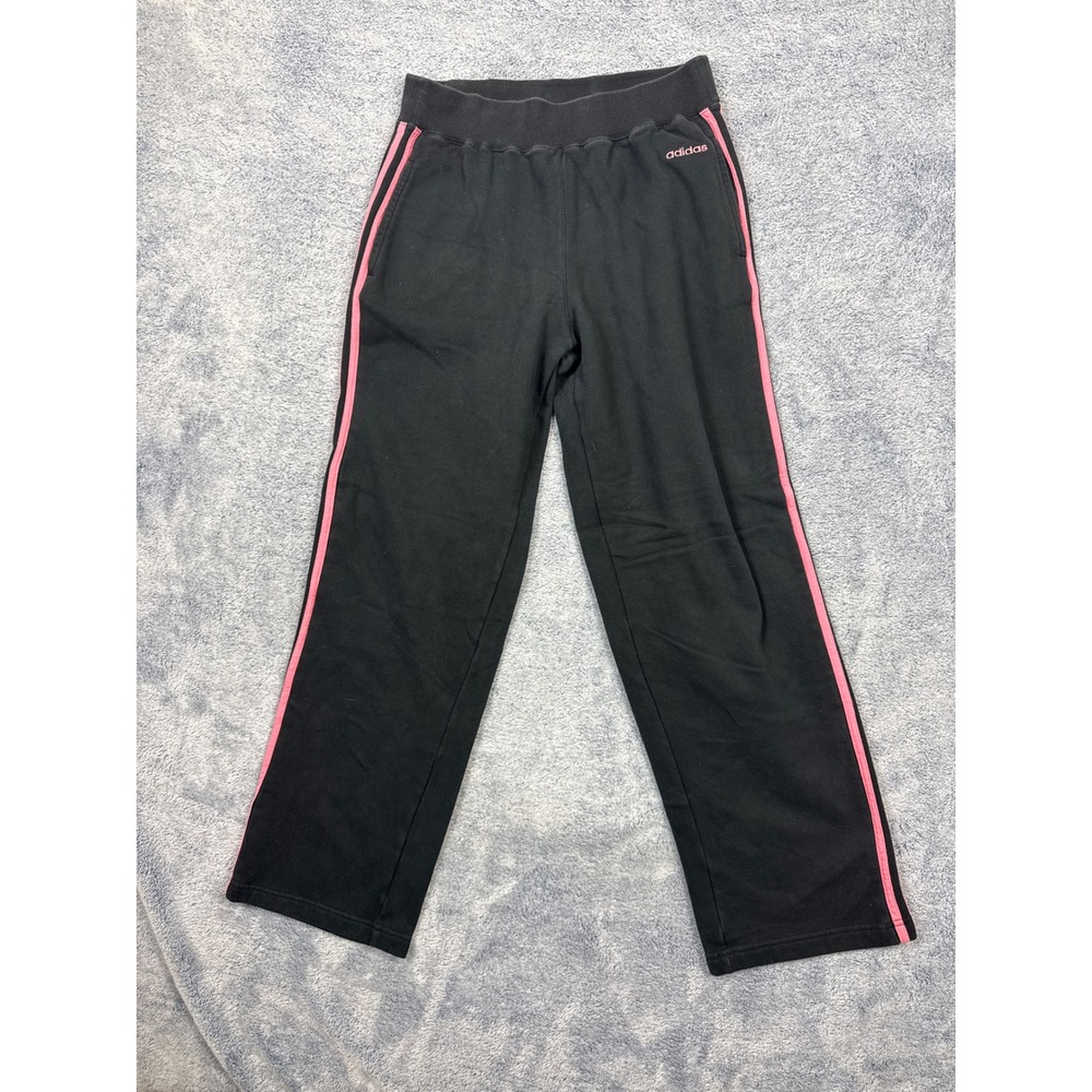 Adidas Womens M Black Pink Sweatpants Straight Leg 3-Stripe Fleece 95938 Joggers